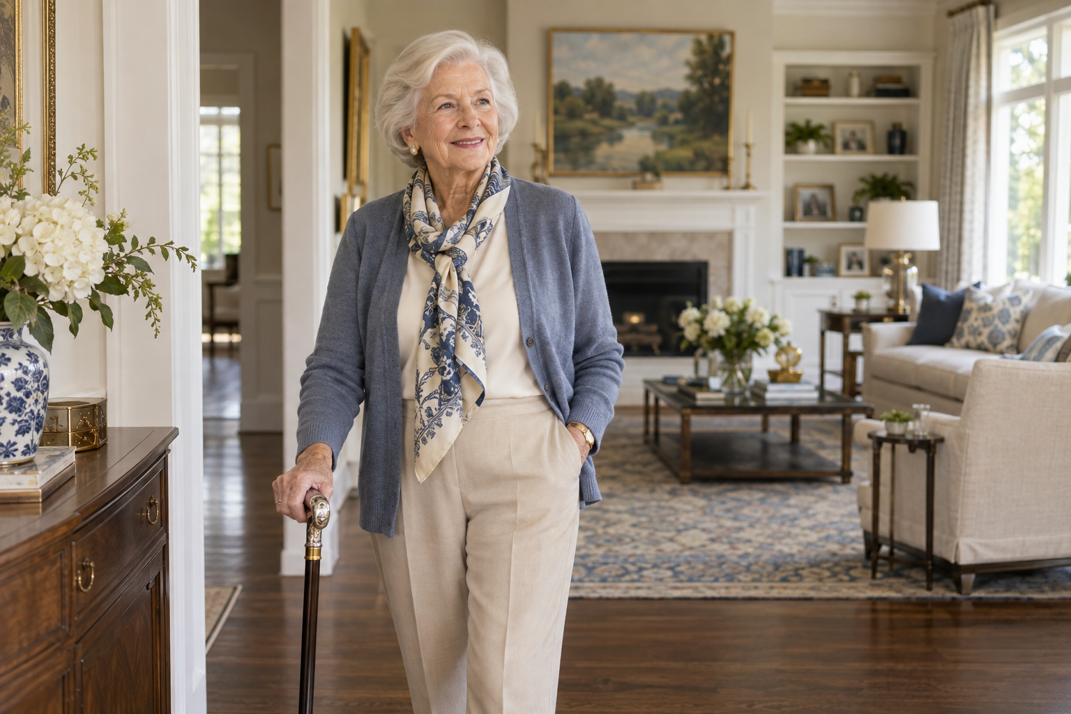Well-dressed older woman standing confidently with a cane in her home
